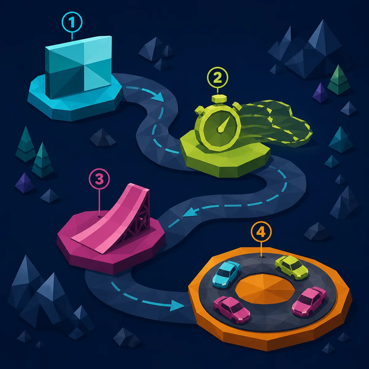 Editorial step-flow showing browser access, time trial, stunt driving, and multiplayer choices