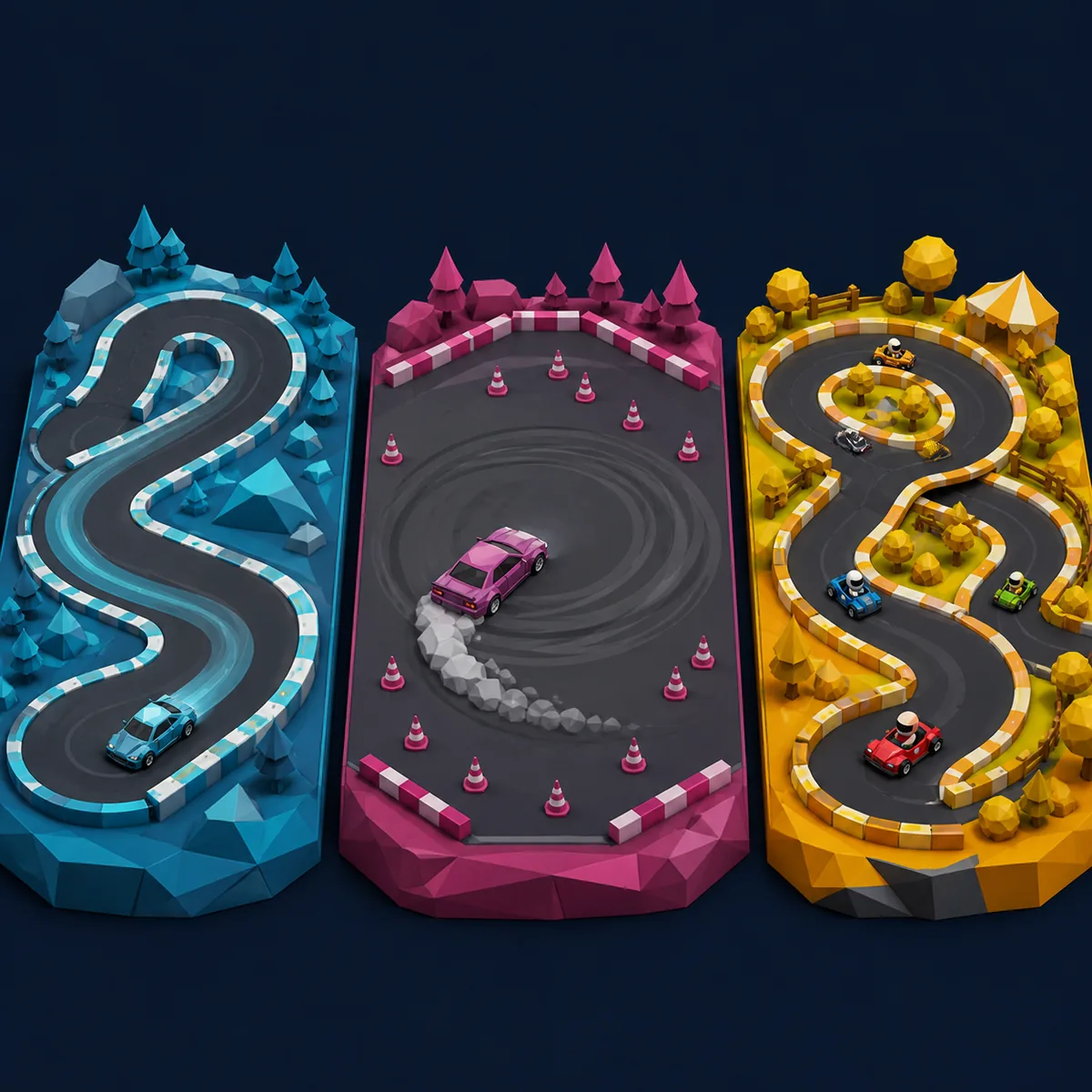 Three editorial low-poly racing scenes showing time trial, drifting, and multiplayer kart racing