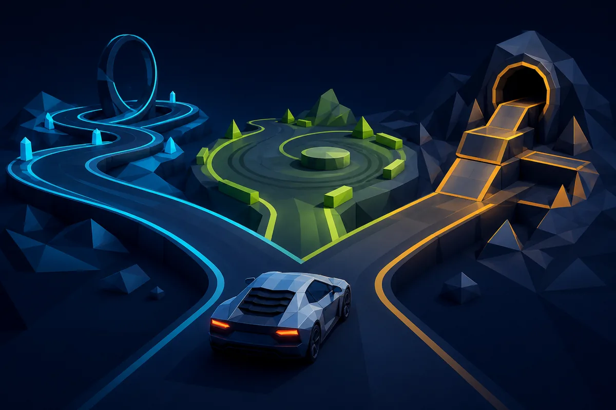 Editorial illustration of a low-poly racing car choosing between time-trial, drift, and stunt tracks