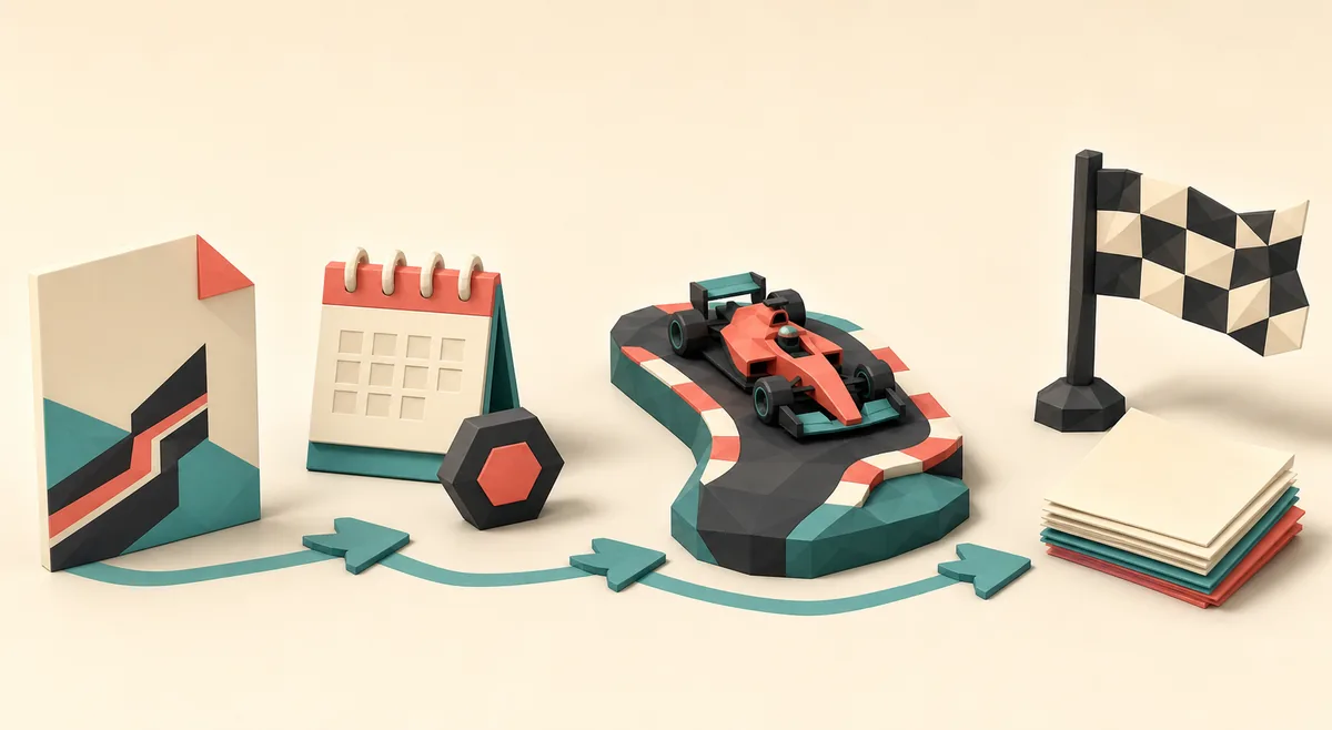 Editorial low-poly illustration showing a source note, build calendar, test car, finish flag, and saved track notes