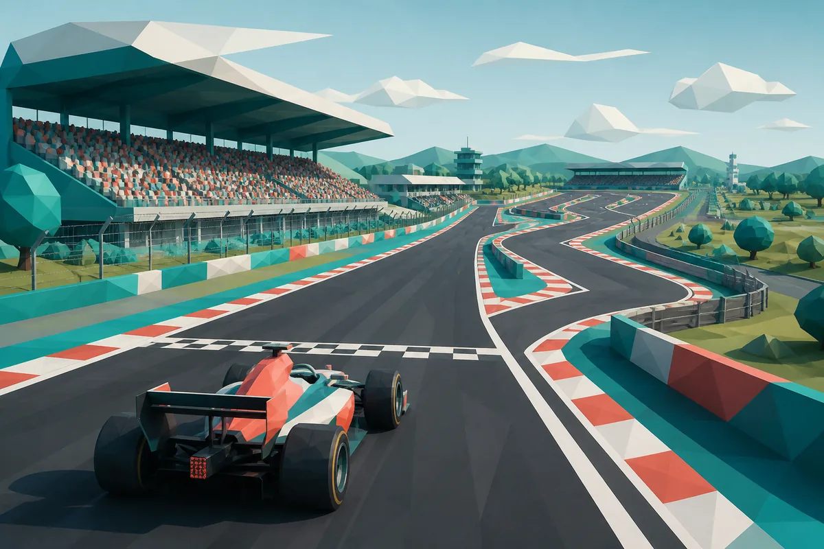 Editorial illustration of a low-poly open-wheel car approaching a fictional F1-style circuit