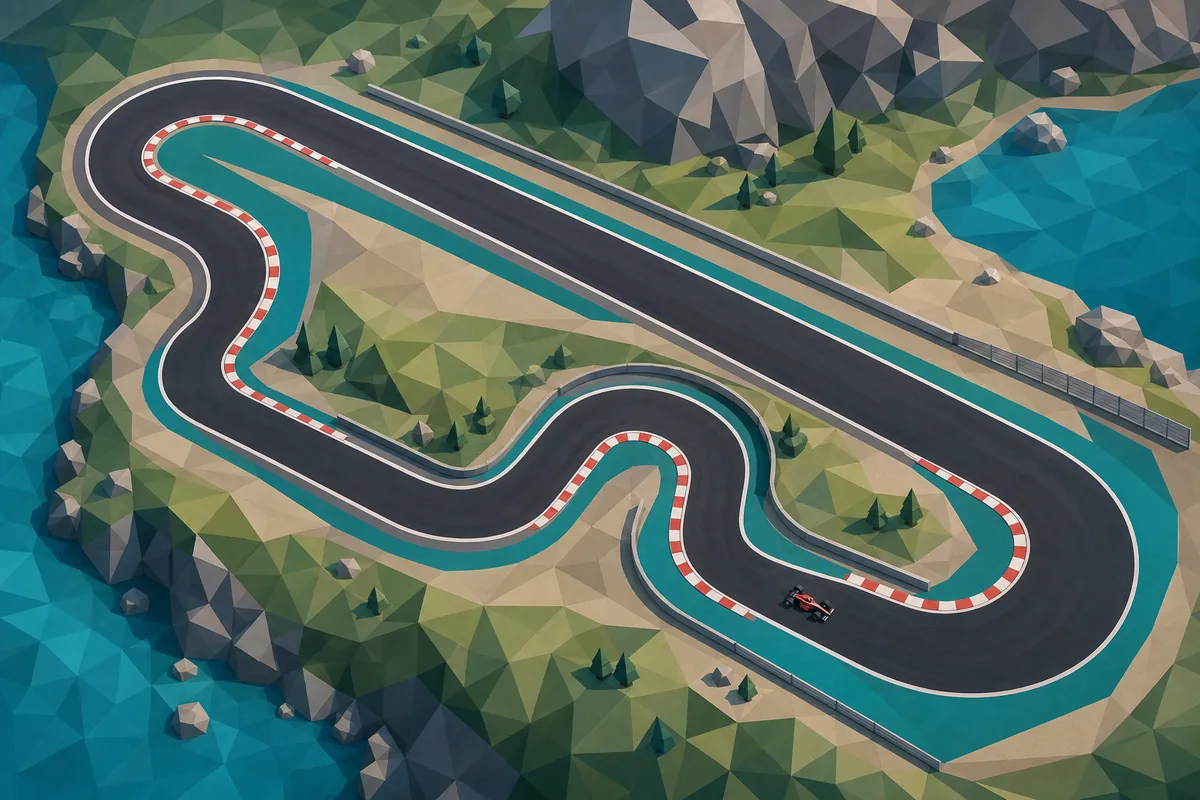 Editorial overhead illustration of a low-poly circuit with a long straight, chicane, and hairpin