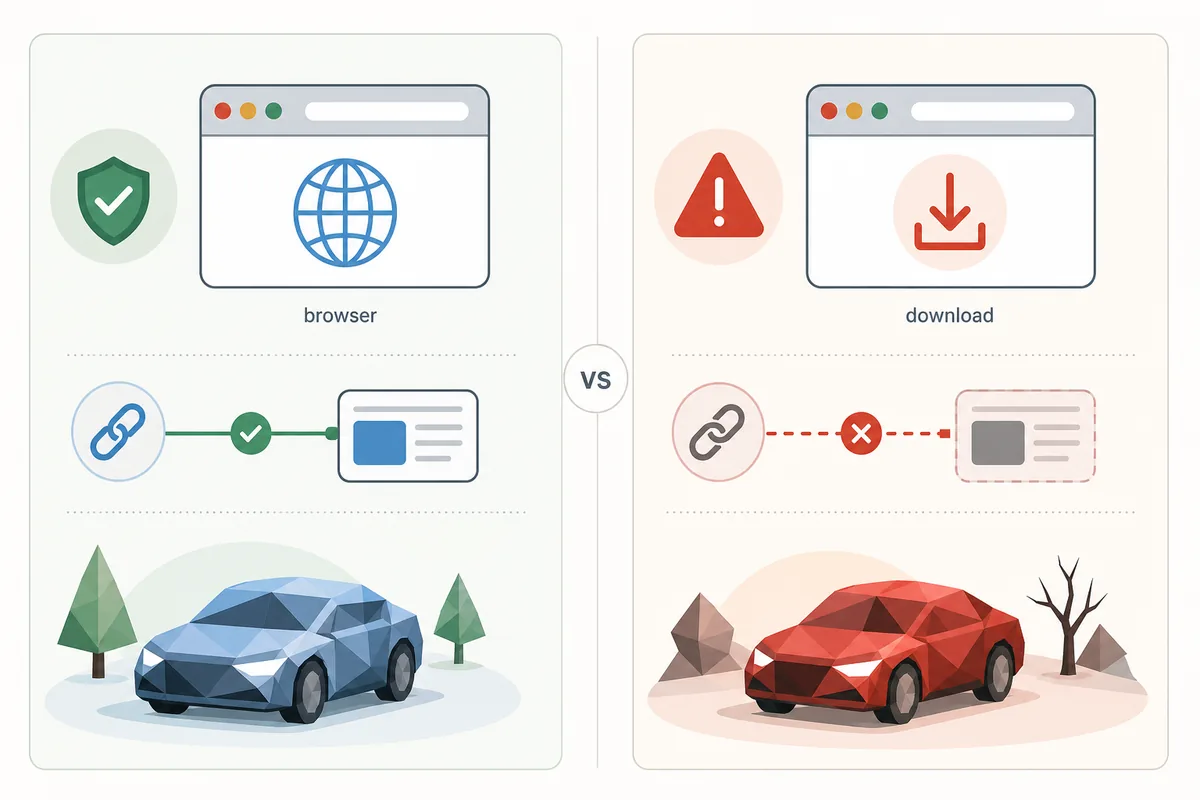 Editorial comparison of a safer browser-only PolyTrack mirror and a risky mirror with download prompts