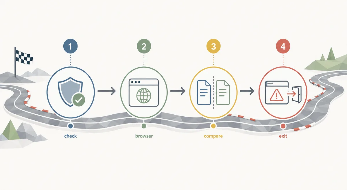 Editorial flow diagram for checking a PolyTrack Google Sites mirror safely