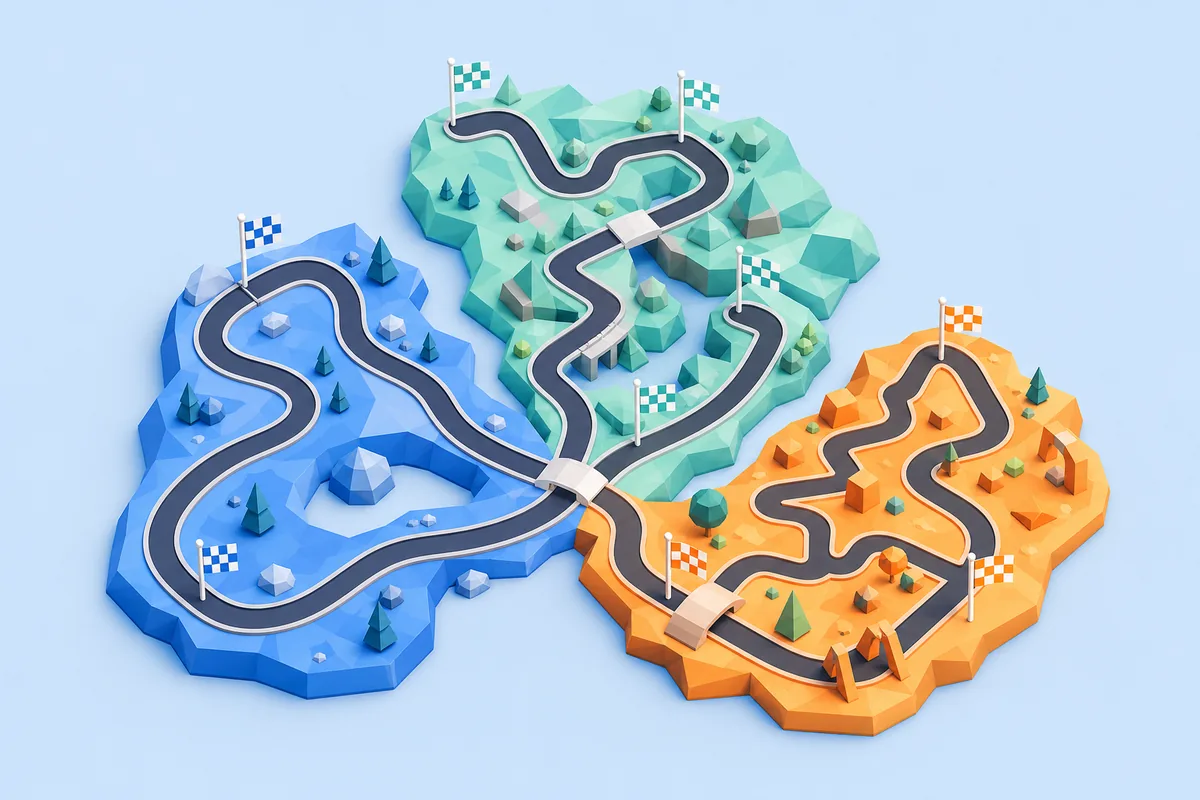 Three low-poly PolyTrack map routes with different colors, difficulty shapes, and checkpoint flags