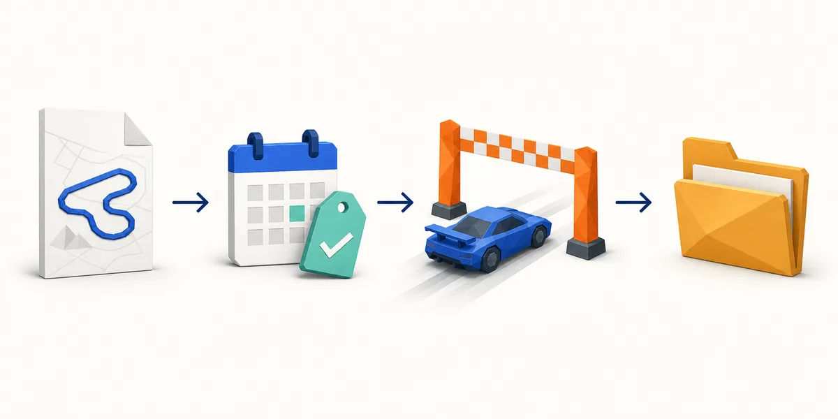 Editorial four-step flow from a map source to a version check, test run, and saved PolyTrack route