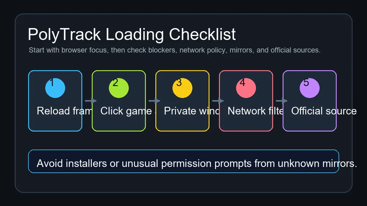 PolyTrack loading troubleshooting checklist with browser, network, mirror, and official source checks