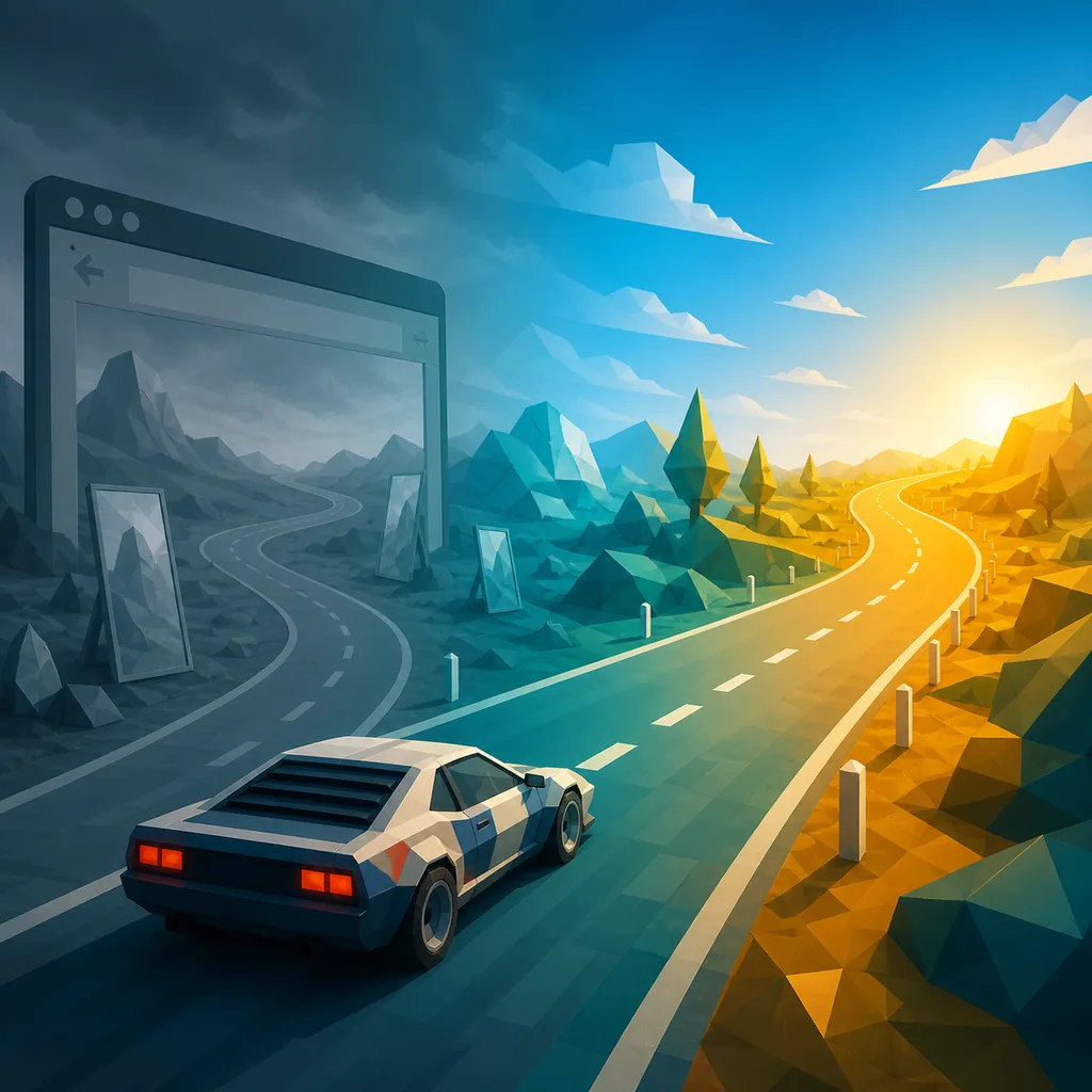 Editorial illustration of a PolyTrack-style racing car moving through a version and source timeline